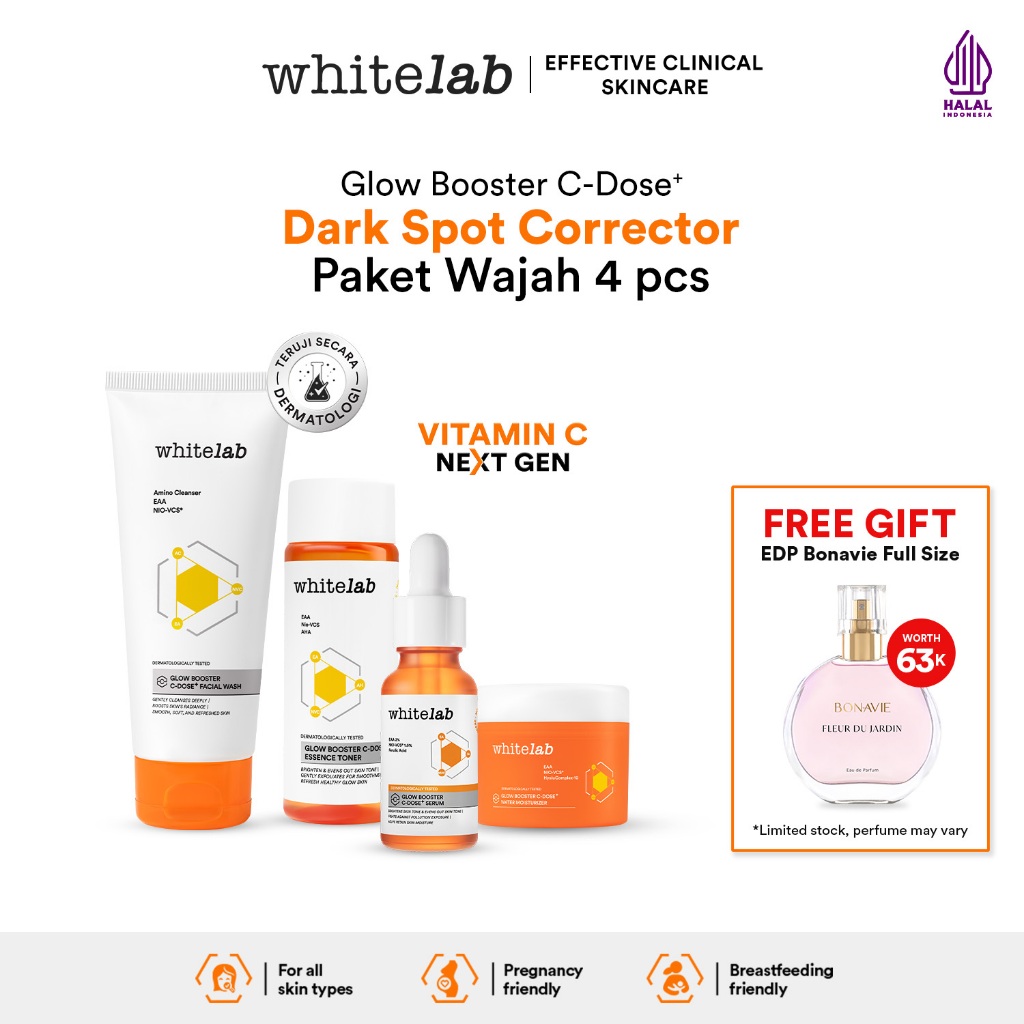 Whitelab 4 pcs Glow Booster C-Dose+ Brightening Paket Wajah - Facial Wash, Toner, Serum, with Moistu