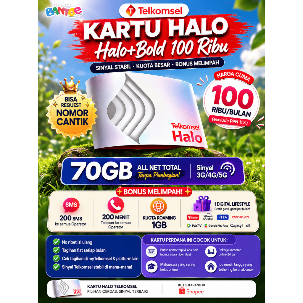 KARTU PERDANA HALO+ BOLD 100K TELKOMSEL 70GB | 200 SMS+200 MENIT TELP ALL OPERATOR | Free Request No