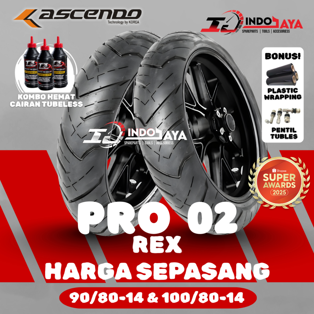 [HARGA SEPASANG] BAN ASCENDO PRO 02 REX TUBELESS R14 ( 90/80-14 & 100/80-14 ) BAN MOTOR MATIC TUBLES