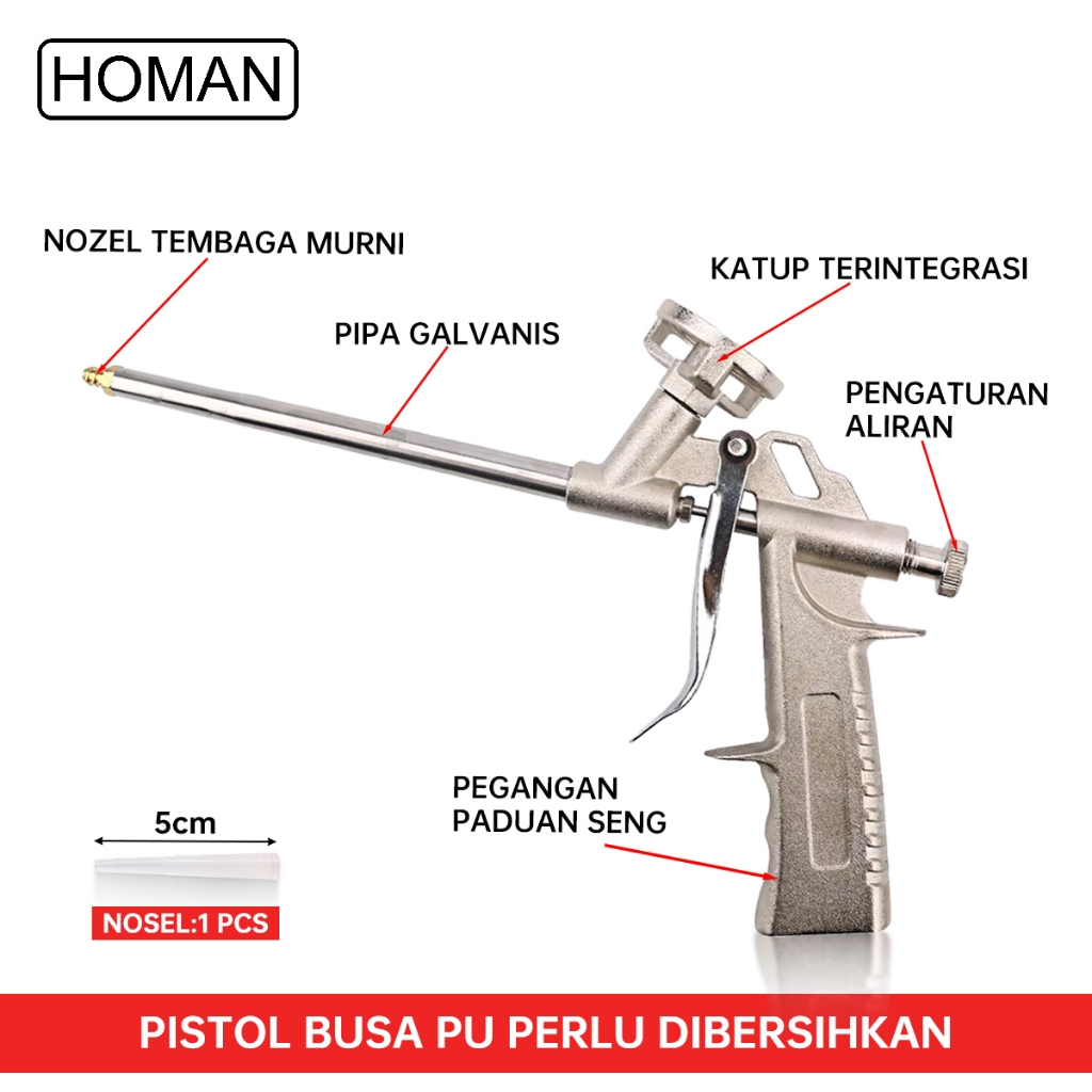 HOMAN Pistol PU Foam semprot busa Perak Tembaga Murni Pistol Hitam Pipa baja tahan karat