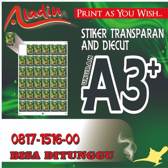 Stiker Transparan Uk A3+ Plus Diecut Plus Laminating