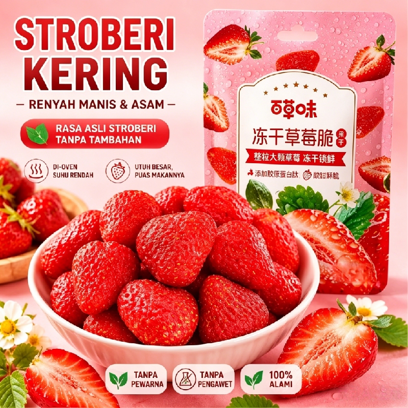 [HALAL] strawberry kering dried fruit L Stroberi Beku Kering Renyah  Camilan Sehat dan Alami
