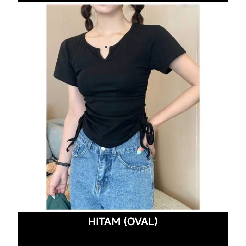 Kaos V Neck lengan pendekwanita serut kiri kanan - Baju atasan Crop wanita korea T-shirt