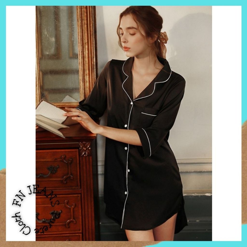 Baju Tidur Terusan Satin Silk Daster Kemeja Wanita Elegant kancing Depan Premium BTW 16