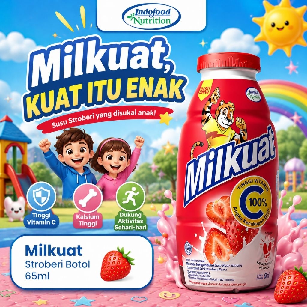 Milkuat botol 65ml minuman susu tinggi vitamin C Rasa stroberi bisa cod
