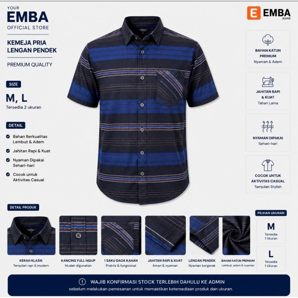 EMBA Kemeja Pria Biru Navy Lengan Pendek Stripe