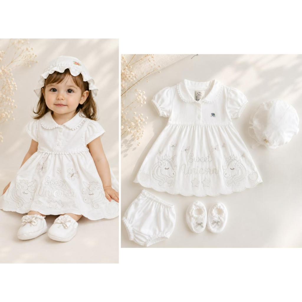 Baju newborn dress rok topi putih aqiqah baptis sepatu anak bayi perempuan pure white set gamis mewa