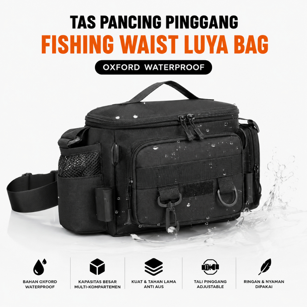 Tas Pancing WaterProof Pinggang Fishing Waist Bag 900D Oxford Black Tas Mancing Casting