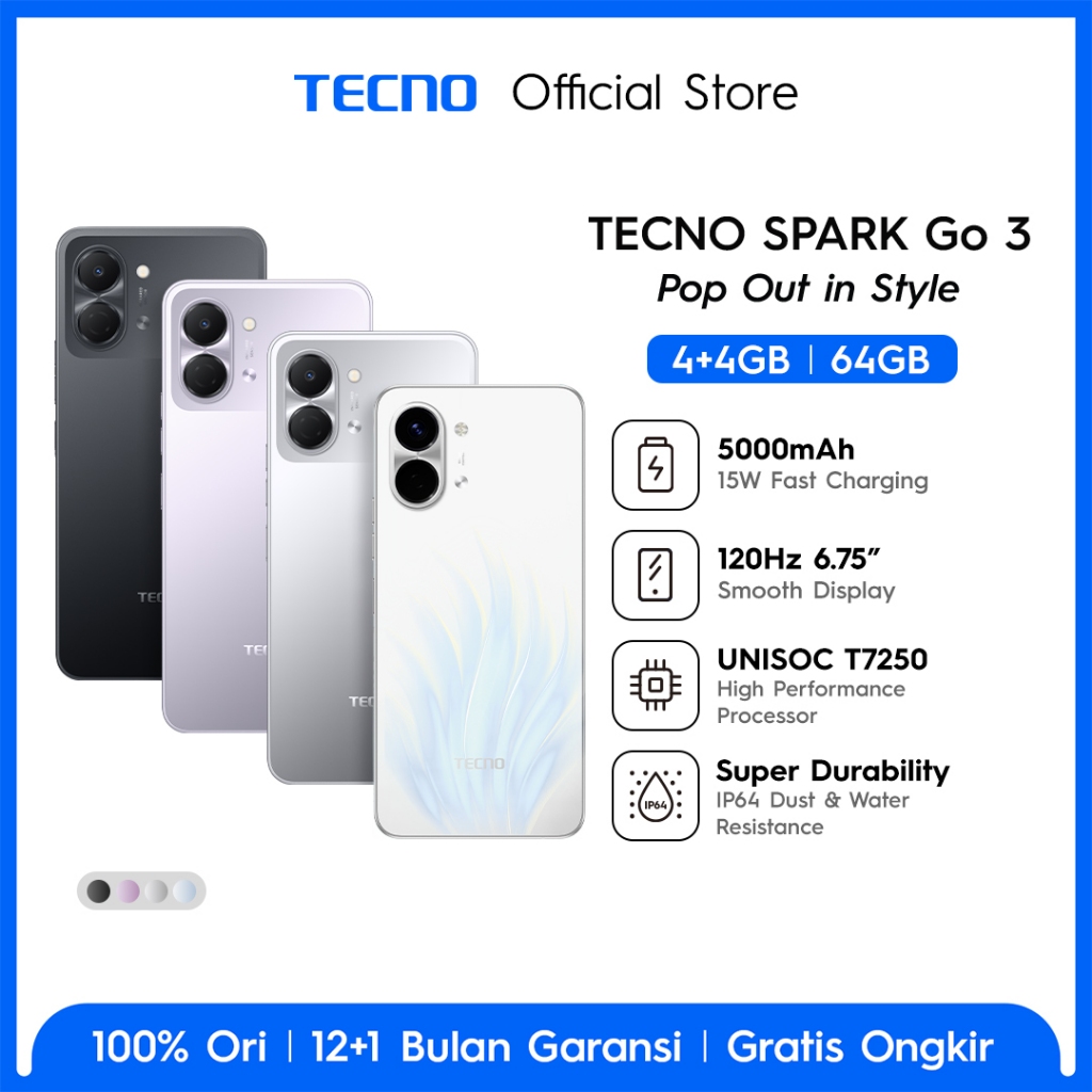 TECNO SPARK Go 3 4GB+4GB*/64GB, IP64, 6.75' HD+, 120Hz Smooth Display, 5000mAh, 15W* Charging, Freelink Communication, TECNO AI - sparkgo3 - Gambar 2