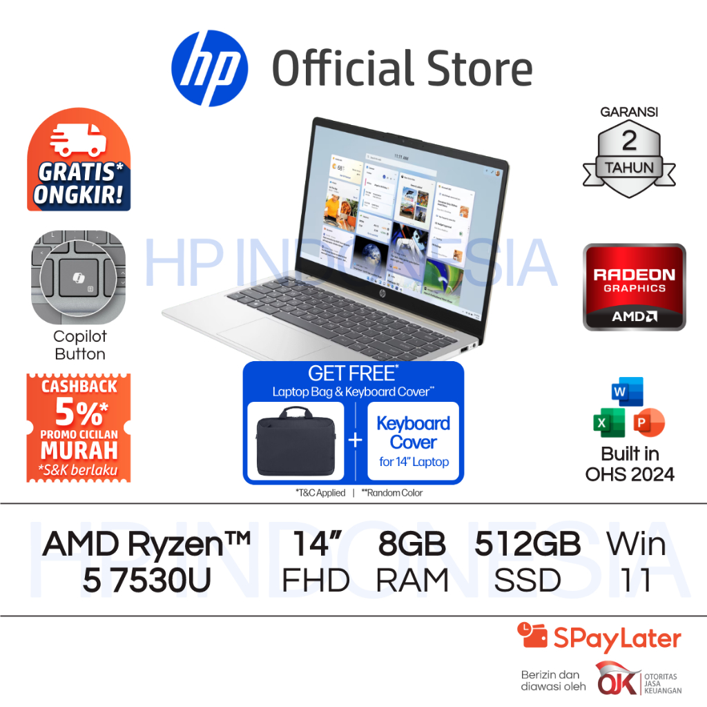 Laptop HP AMD Ryzen 5 Radeon 8GB RAM 512GB SSD Silver / Gold Windows 11 Home 14 Inch Garansi 2 Tahun