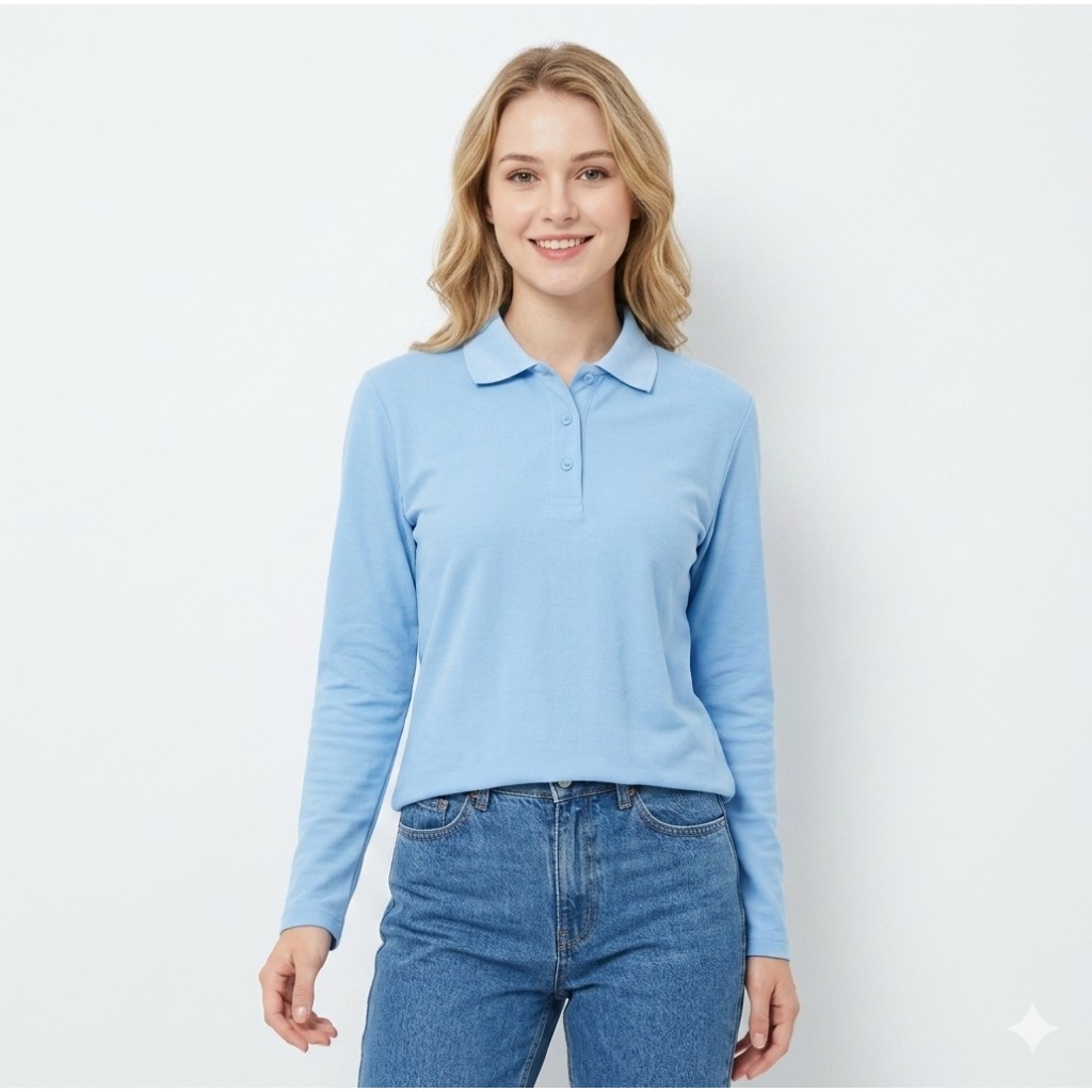 Kaos Kerah perempuan Lengan panjang BIRU MUDA / polo panjang wanita / polo hijab / KAOS KERAH WANITA