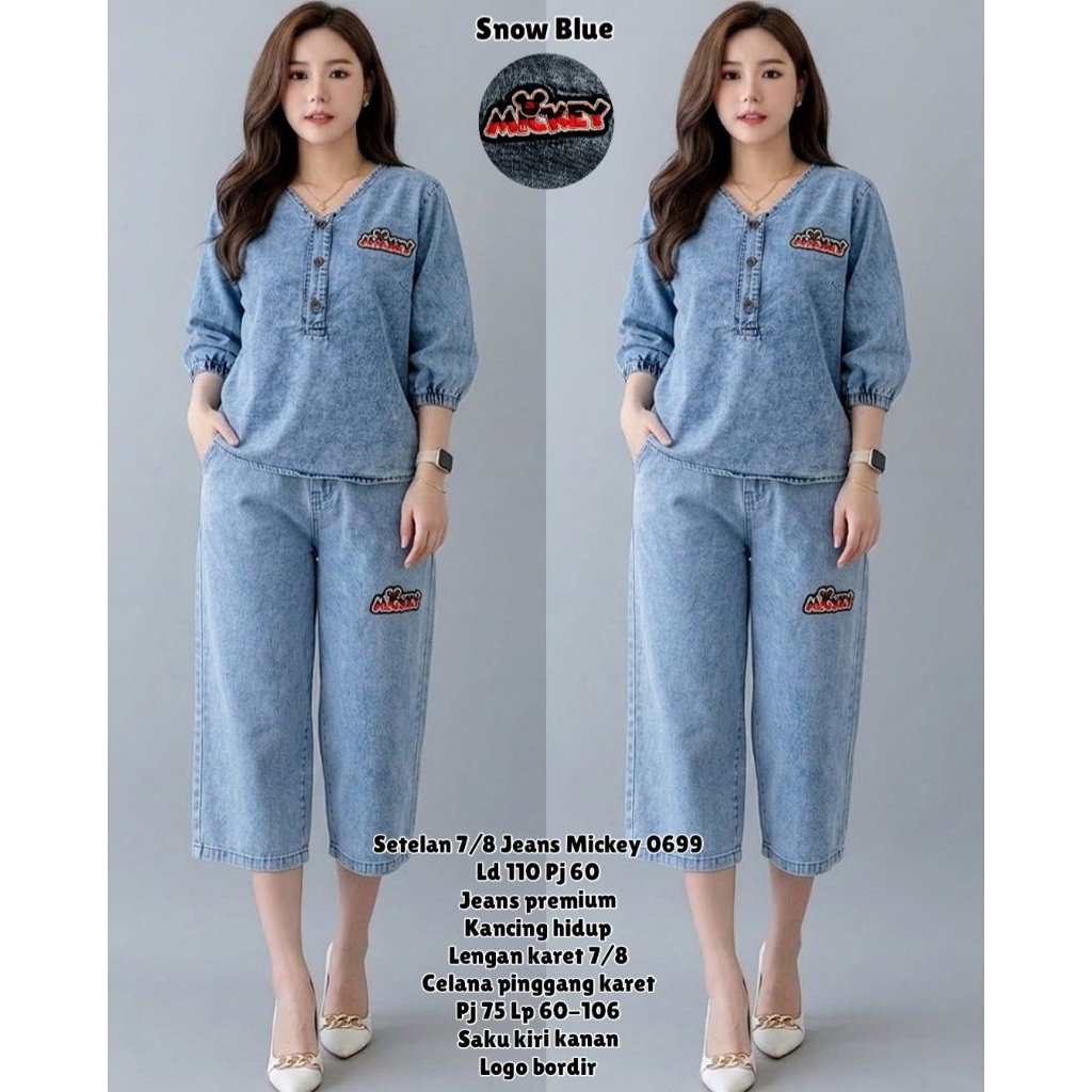 SETELAN JEANS 7/8 BORDIR MICKEY LENGAN KARET 0699LSETELAN JEANS BORDIR MICKEY TERBARU
