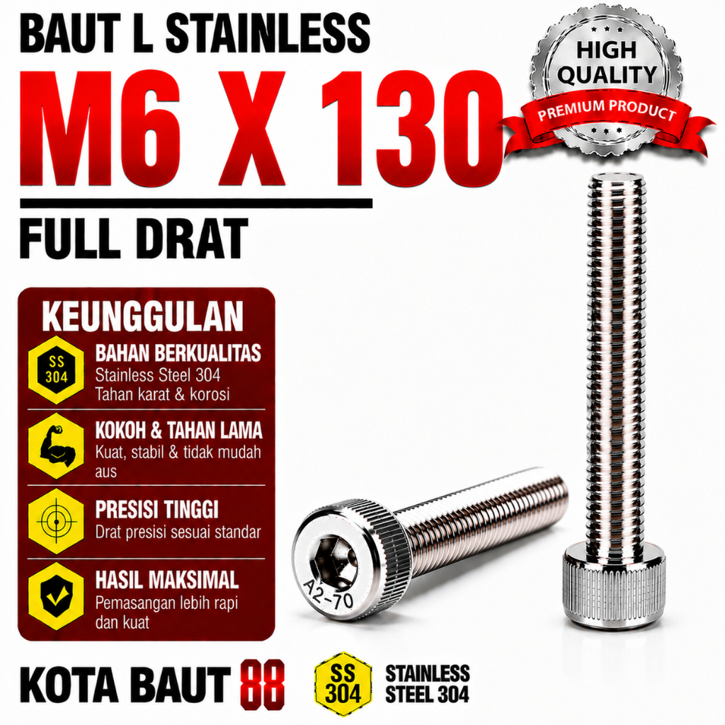 Baut L Stainless M6X130 / 6X130 / M6 X 130 / 6 X 130 Full Drat SS304 / SUS304 / A2-70