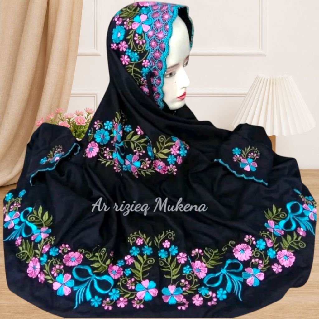 Mukena terusan dewasa bordir hitam series bunga lupita katun
