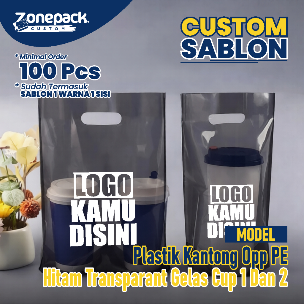 Sablon Plastik Kantong Opp PE Hitam Transparant Gelas Cup 1 Dan 2 | Kantong Plastik Tenteng Polos Hi