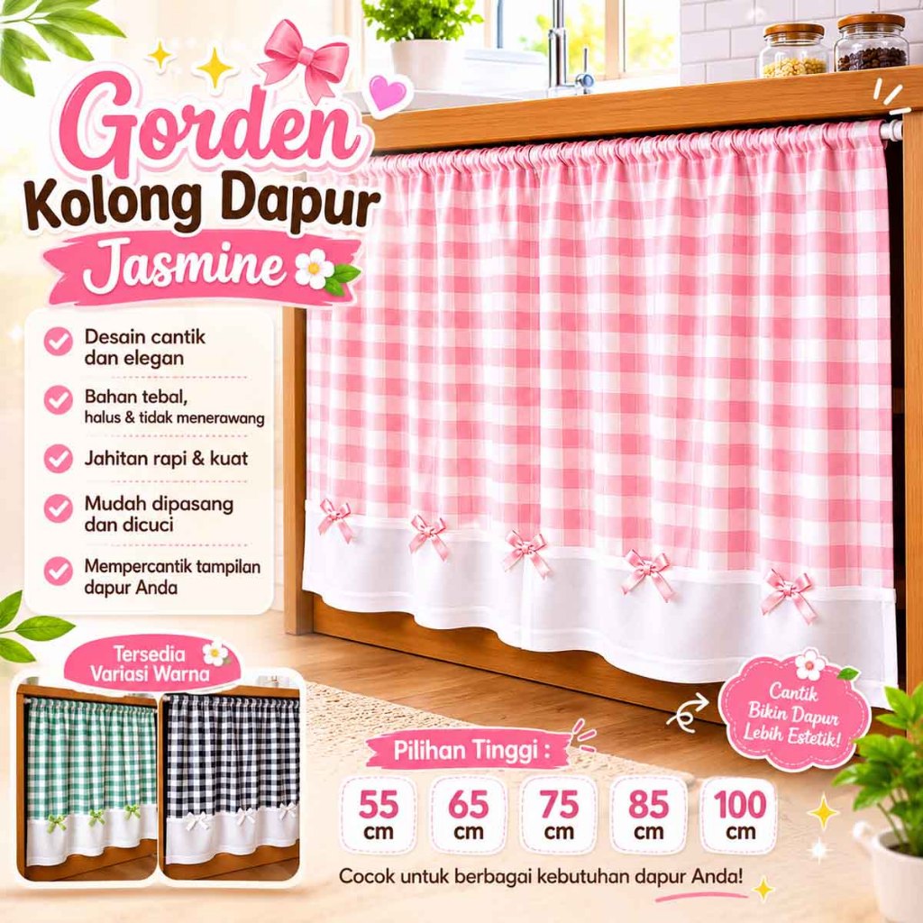 Gorden Kolong Dapur Jasmine Motif Kotak Gingham Kobinasi Putih | Tirai Rak Bawah Wastafel Dapur