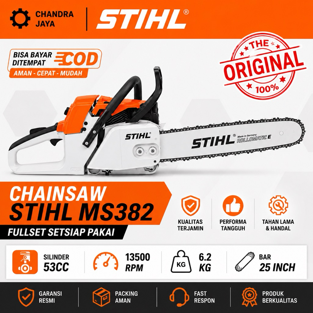 Mesin Senso Chainsaw STIHL MS 382 Original Asli Gergaji Mesin Tebang Kayu 25 Inch Fullset Siap Pakai