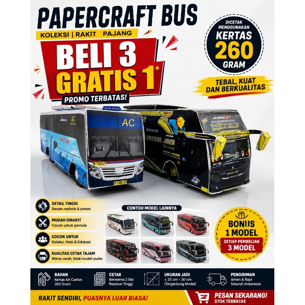 (BELI 3 GRATIS 1) PAPERCRAFT BUS/ PAPERCRAFT BUS ROSALIA,DEWI SRI,HARAPAN JAYA, HARYANTO,BEJEU