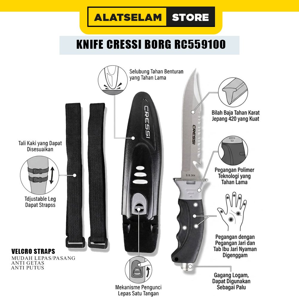 Knife Cressi Borg RC559100 / Peralatan Selam / diving knife / Pisau Selam / Pisau air / Pisah Selam 