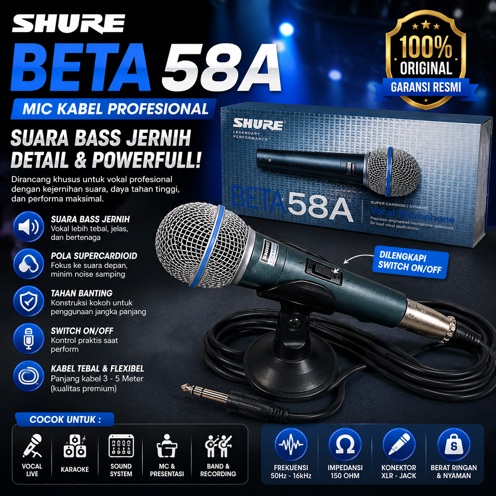Mic Kabel Shure Beta 58A - Suara Bass Jernih, Switch On/Off, Kabel 3-5 Meter