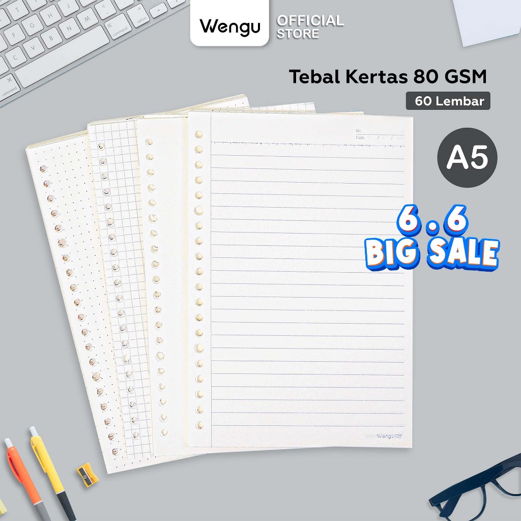 WENGU Loose Leaf Binder 80 Gsm A5 Isi 60 Lembar Bergaris Polos Kotak Titik Warna A/B/WG-560