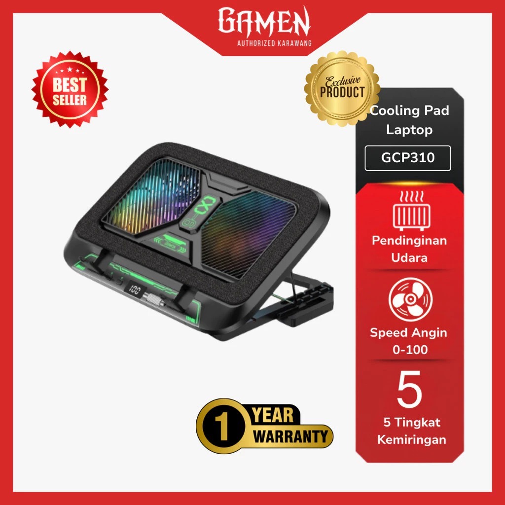 GAMEN GCP310 Cooling Pad Laptop Gaming Wind Pressure RGB 5 Speed Black