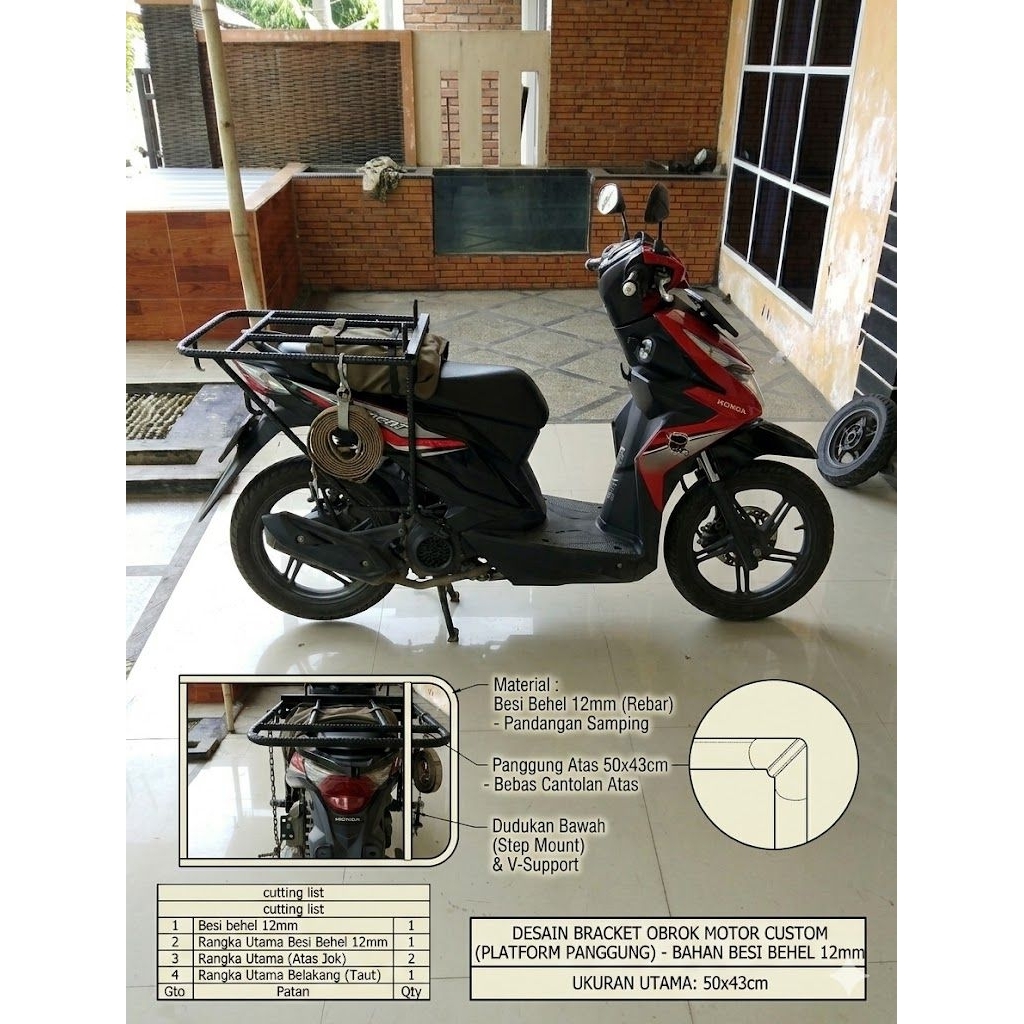 BRACKET OBROK MOTOR CUSTOM BESI BEHEL 12MM – UKURAN 50 x 43 CM