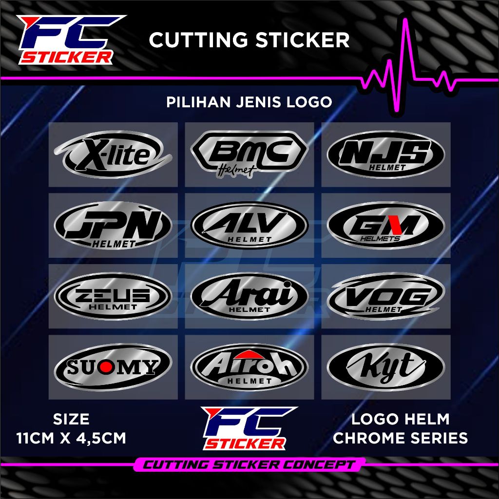 Cutting Sticker Logo helm CHROME /Emblem Merk Helm VOG / BMC / NJS / X-LITE / JPN / ALV/ GM / ZEUS /