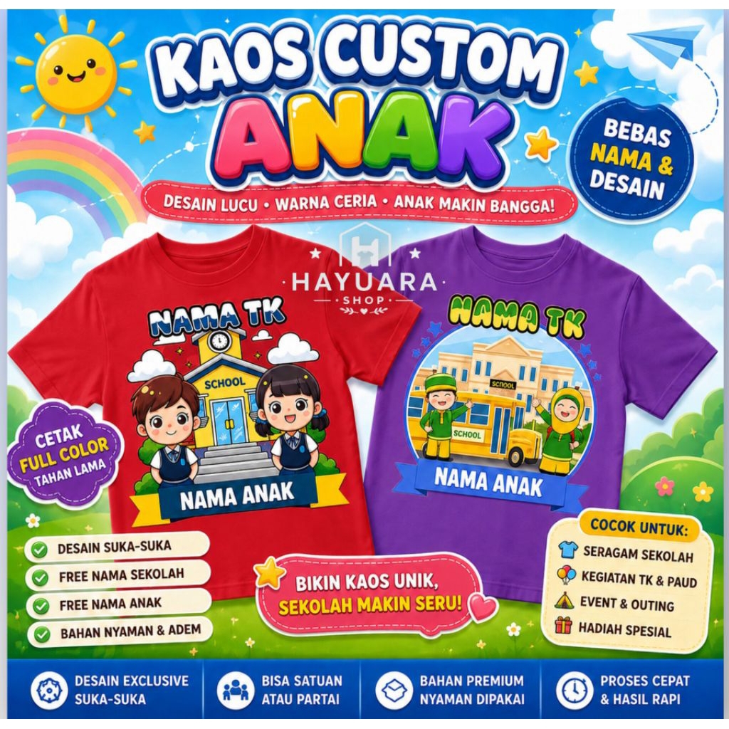 [HAYUARA] Kaos Custom Seragam Anak TK/SD FREE SABLON | Kaos Atasan Couple Anak