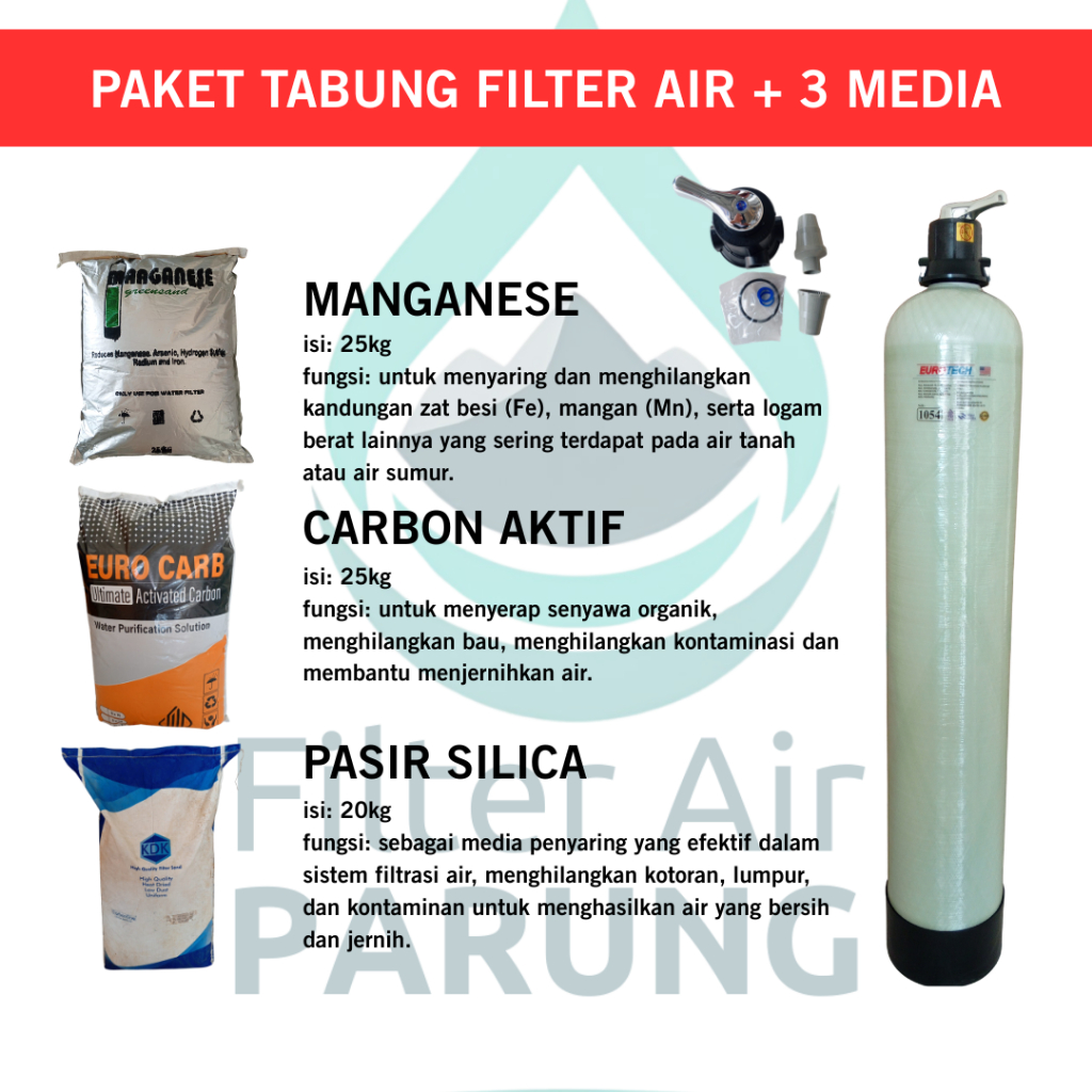 Paket Tabung Media Filter Air FRP 1054 dengan 3 Jenis Media Filter