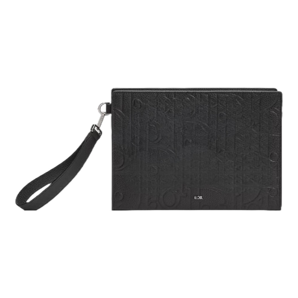 Damen Herren Pouch Clutch Hand Strap Embossed Leather Black OROR