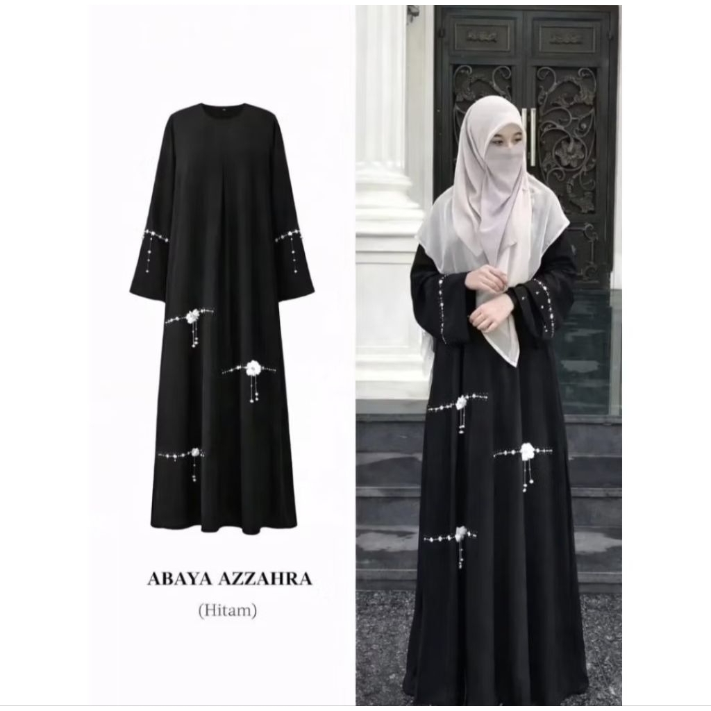 Abaya azzahra baju muslimah wanita bahan ceruty babydoll full puring aplikasi payet mutiara dan bung