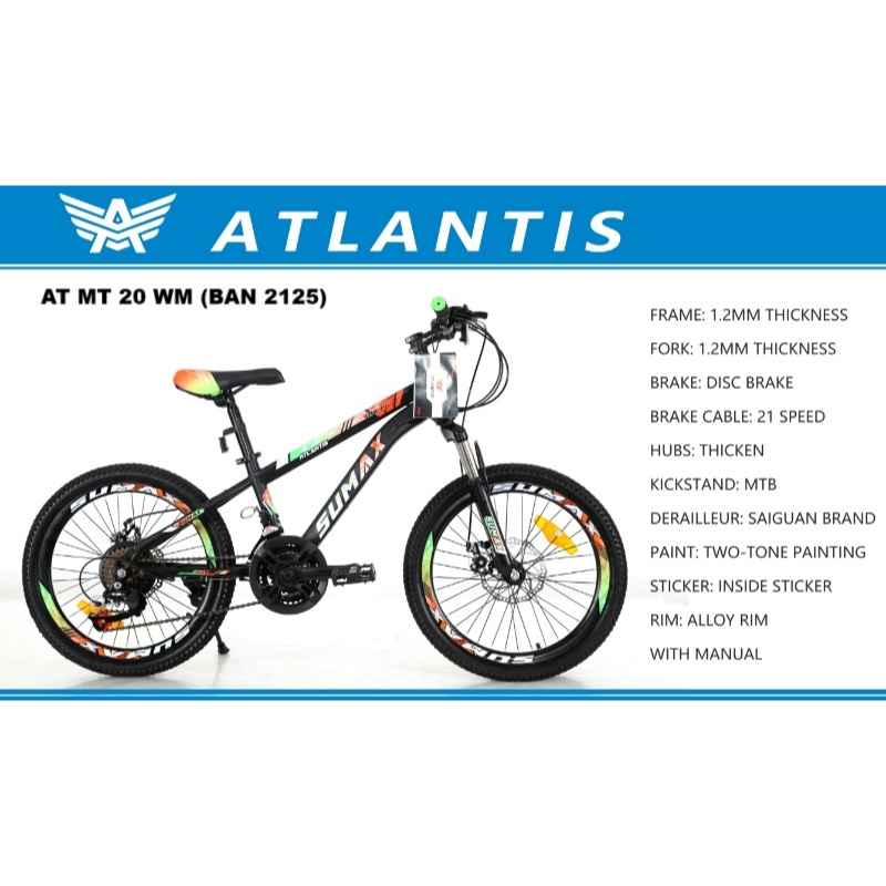 Sepeda Anak MTB 20" ATLANTIS SUMAX AT MT 20 WM 3x7 Speed Rem Cakram Depan Belakang NEW MODEL, PROMO