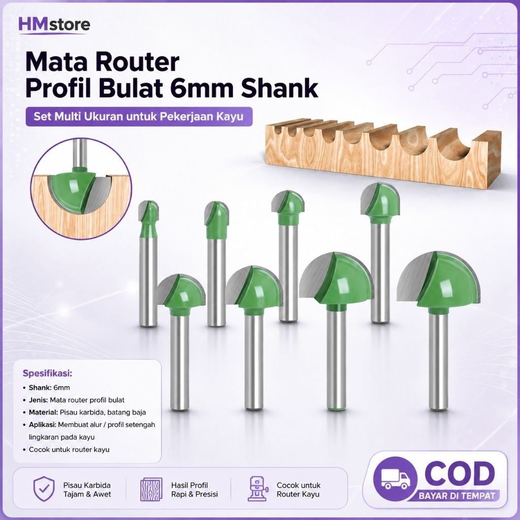 Mata Bor Profil Kayu Round Bit Mata Router Setengah Lingkaran Batang As 6mm Berkualitas