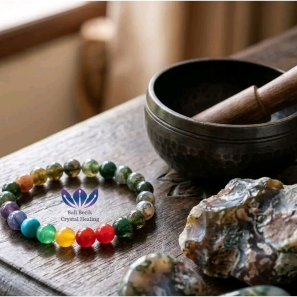 Gelang Batu Natural 7 Cakra Chakra Asli & Batu Alam Indian Agate / Akik Sulaiman 8mm
