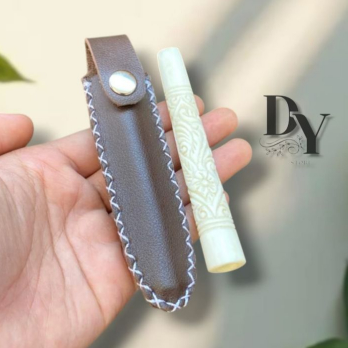 paket hemat pipa once tulang sapi original ukir bunga plus sarung kulit