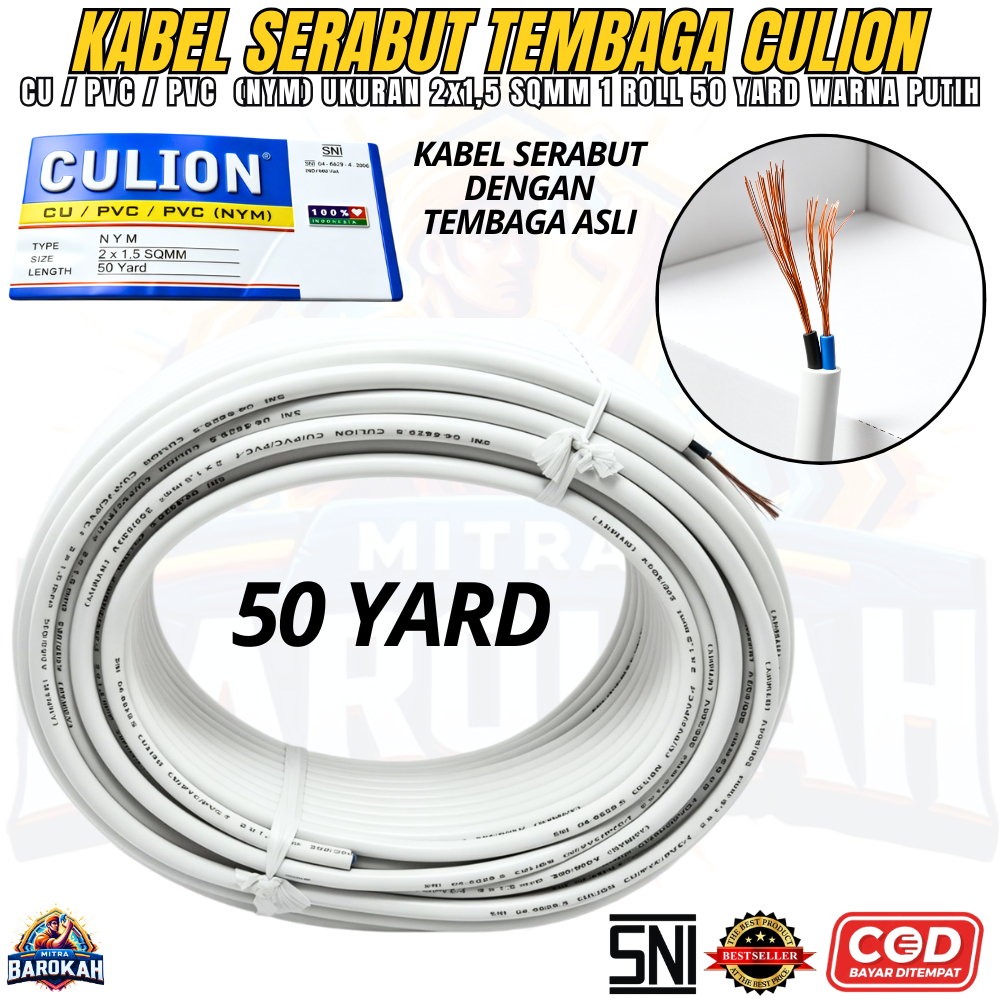 Kabel Serabut Tembaga NYM 2x1,5 Sqmm PUTIH 1 ROLL 50 YARD SNI Tembaga Asli 2x1.5 NYM Kabel Fleksibel