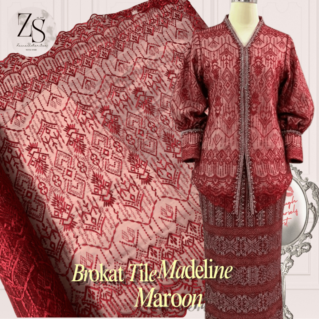 1/2 meter Kain Bahan Kebaya Brokat Brukat Tile Etnik Madeline Warna Merah Marun Maroon