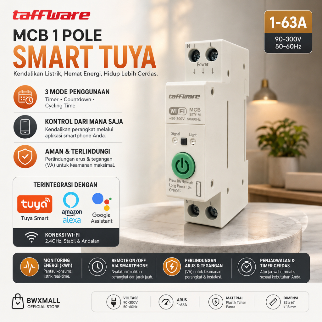 Smart MCB Tuya Saklar Timer Otomatis Taffware Programmable Switch Relay WiFi 63A Alat Pengontrol Lis
