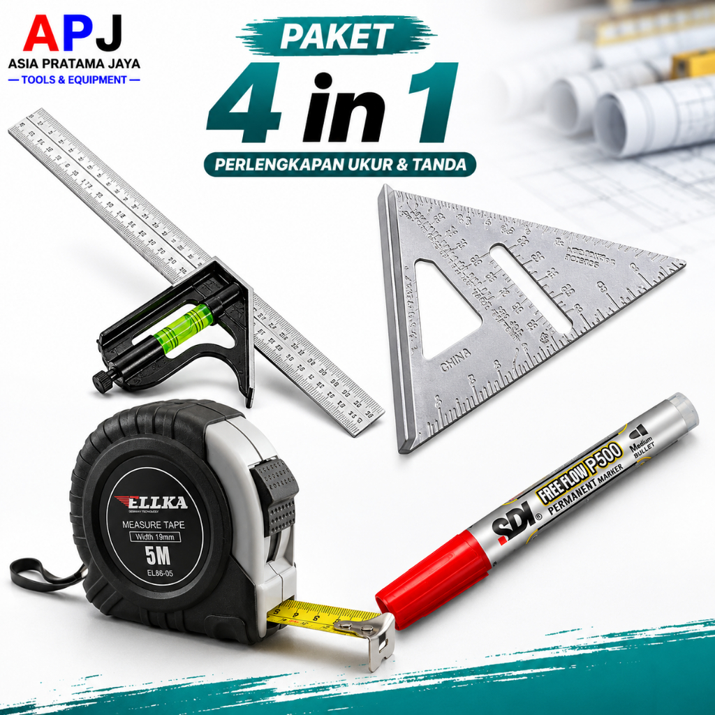 Paket 3 Pcs + Bonus Pensil Tukang / Penggaris Siku Segitiga ,Penggaris Siku Waterpass ,Spidol Tukang