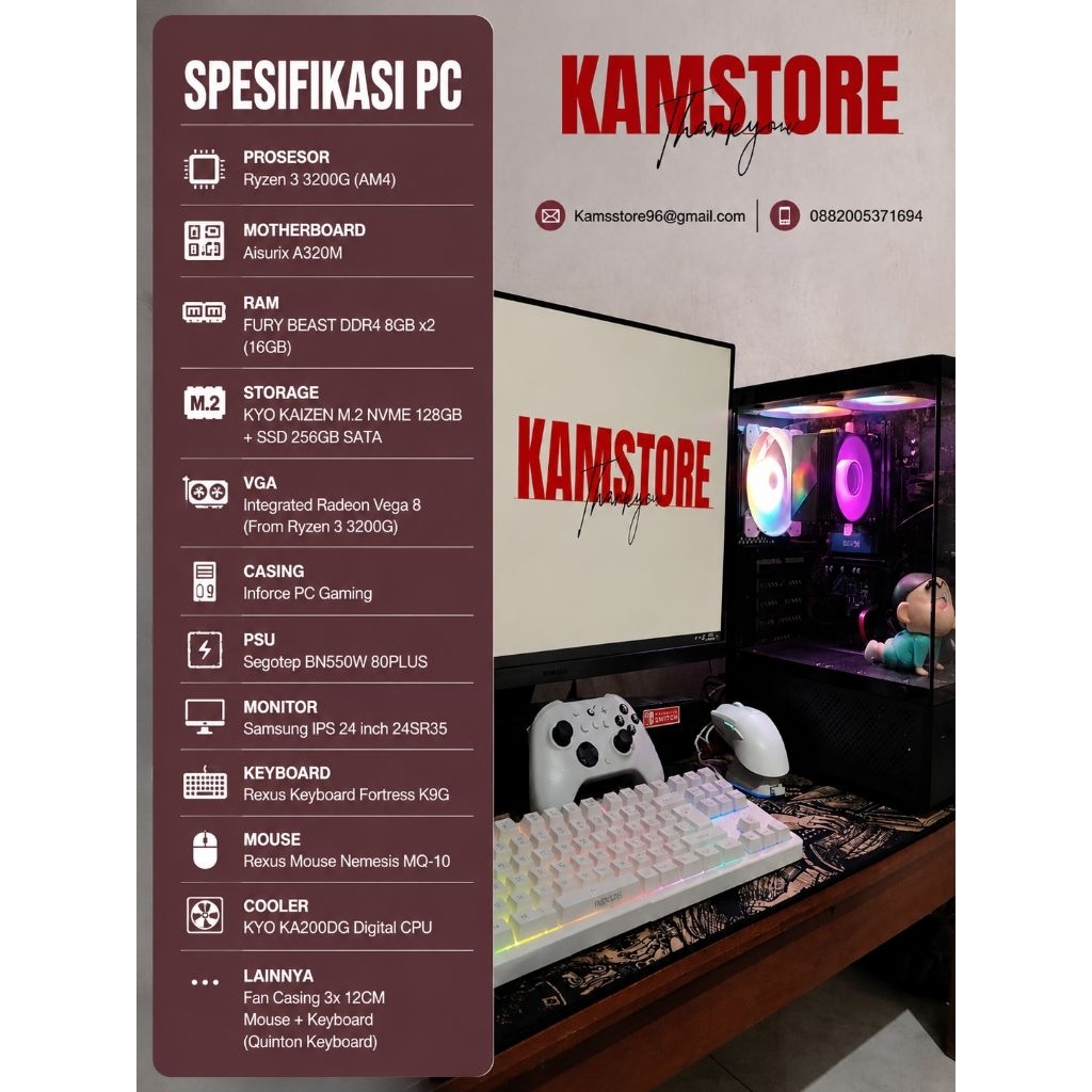 Pc full setup + Monitor Ryzen 3 3200G Ram 16GB