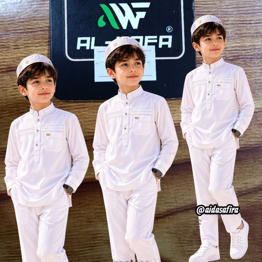 SETELAN KOKO AL-WAFA ANAK TANGAN PENDEK HUSUS PUTIH UKURAN 1-15/SETELAN KOKO AL-WAFA BAJU CELANA PLU