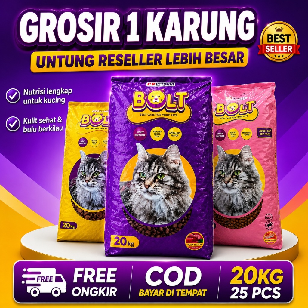 Bolt Cat Food 20KG Grosir 1 Karung Isi 25 PCS Makanan Kucing Dewasa Reseller Untung Besar