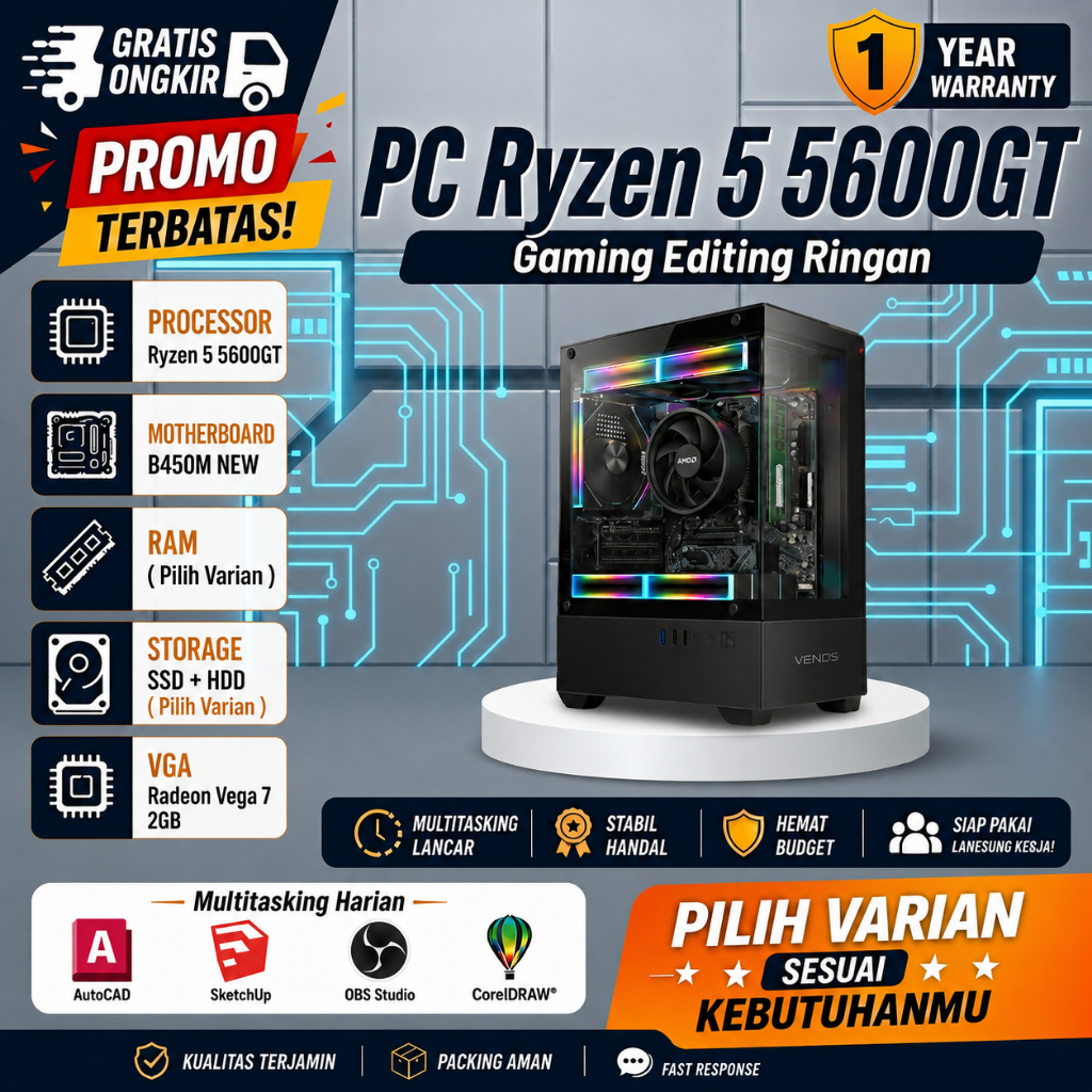 PC Rakitan Ryzen 5 5600GT RAM 16GB SSD 512GB PC Editing Gaming CPU Komputer Ryzen 5