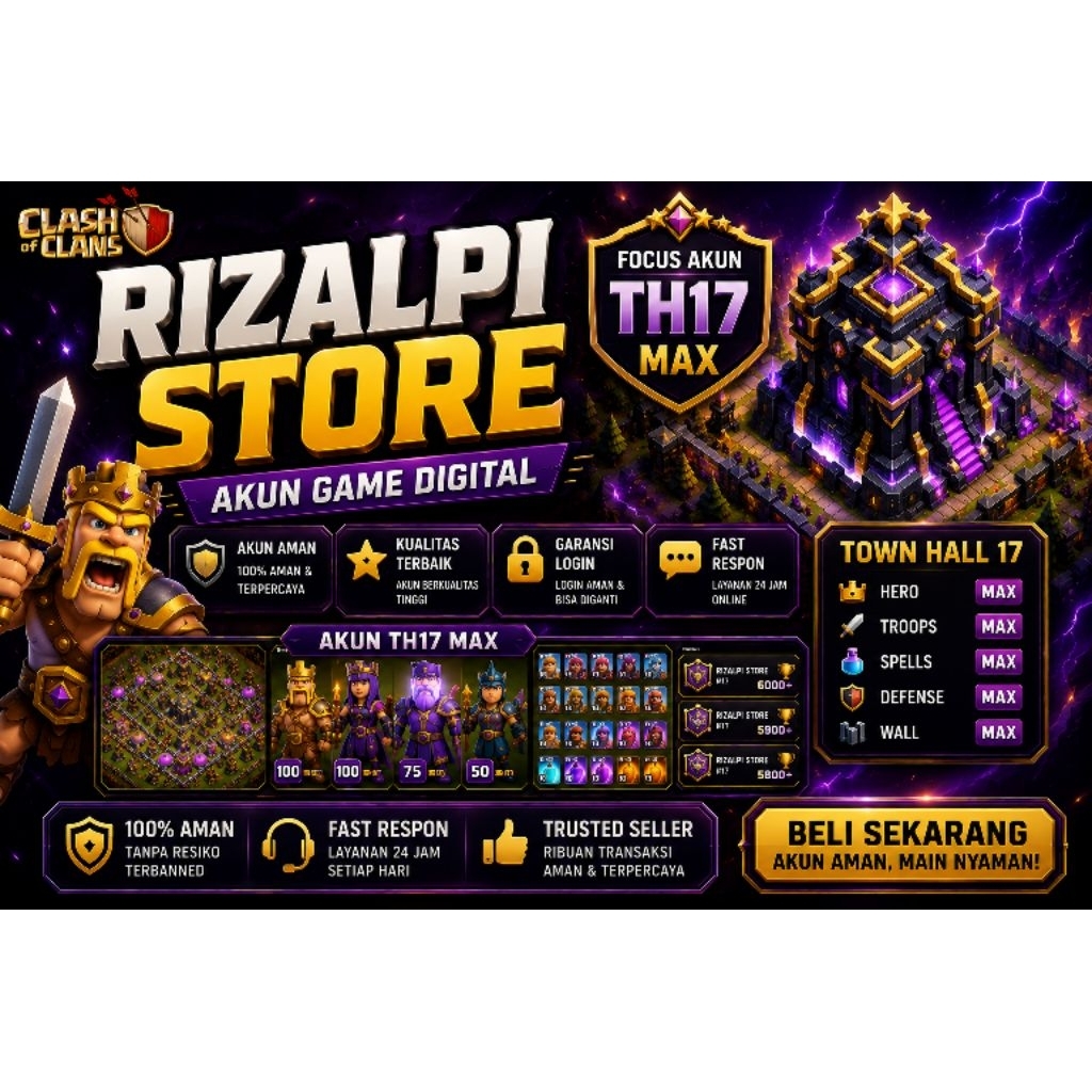 JUAL AKUN COC TH 17 SEMI MAX TERMURAH CLASH OF CLANS SUPERCELL ID