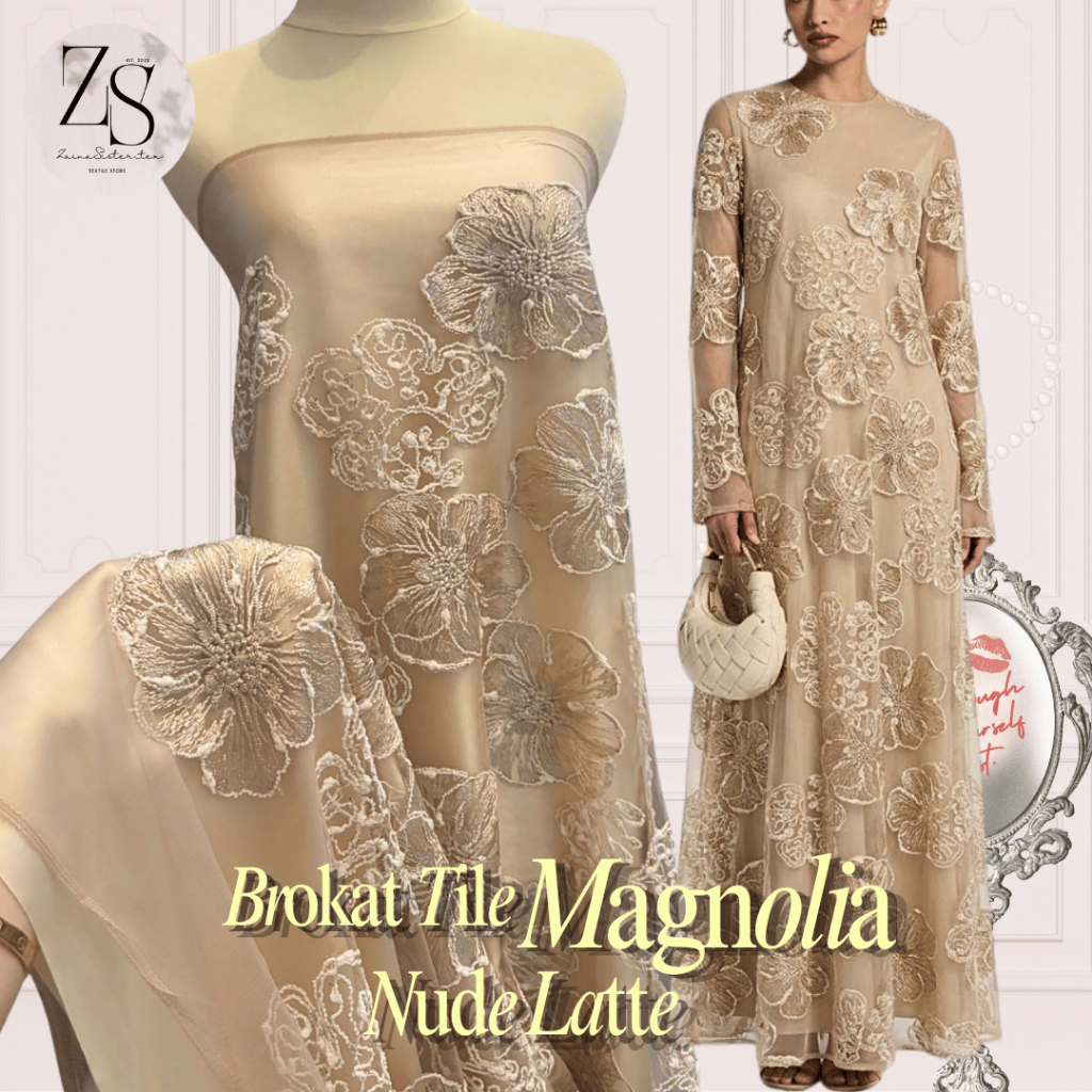 [BISA COD] Kain Brokat Tile Bordir Two Tone Magnolia Series Warna Nude Latte - Bahan Kebaya Lamaran 