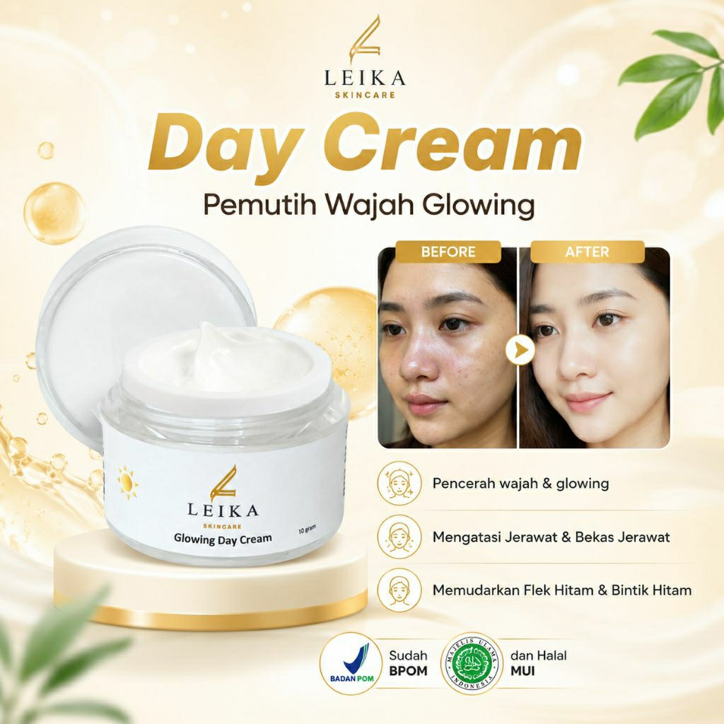 Leika skincare glowing day cream pencerah wajah bpom pemutih wajah glowing whitening brightening jer
