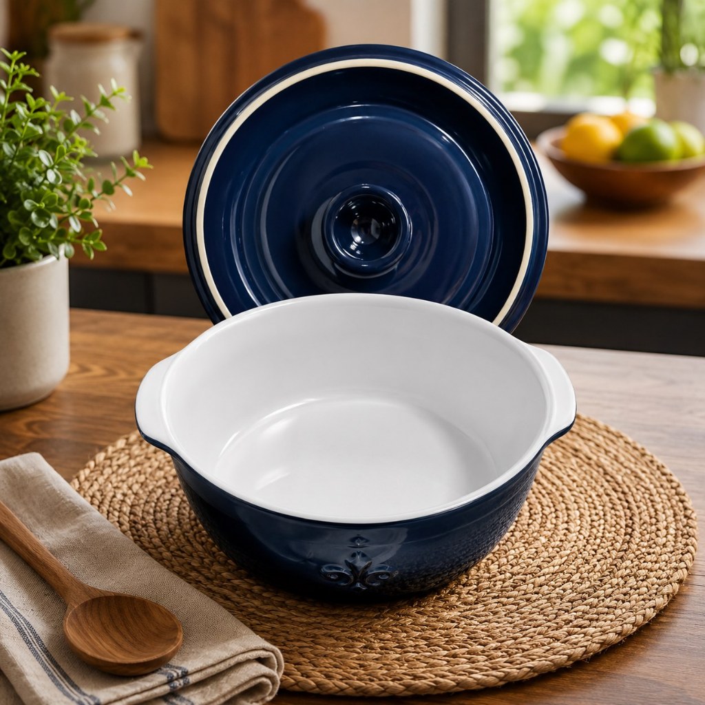 Fontignac Cocotte Ceramic 2L Biru Navy | Mangkok Sayur Keramik Premium dengan Tutup | Oven & Microwa