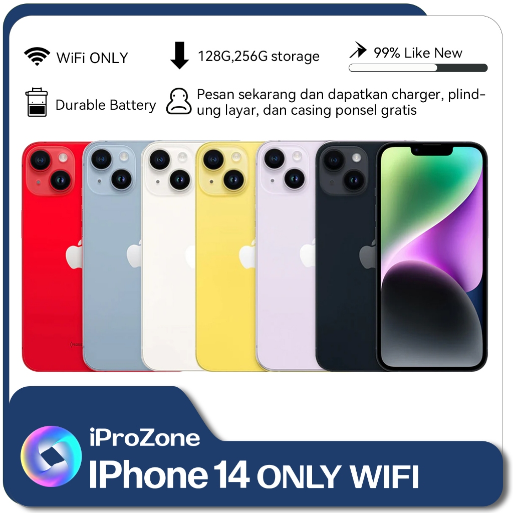 IPhone 14 WIFI ONLY 128GB 256GB Bekas Second Original Mulus Fullset Hp IP 14 Color White Black Purpl