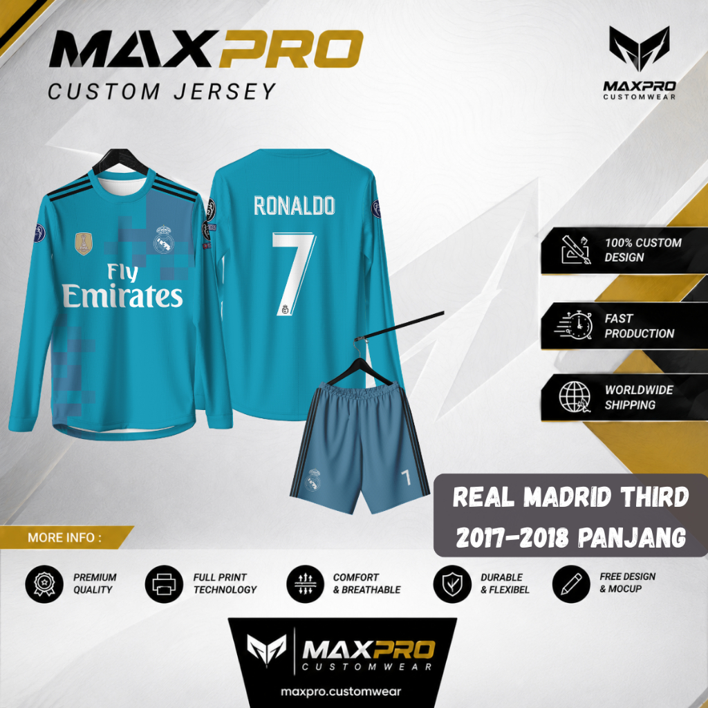Jersey Bola REAL MADRID THIRD 2017-2018 PANJANG Free custom nama dan nomor untuk dewasa dan anak ana